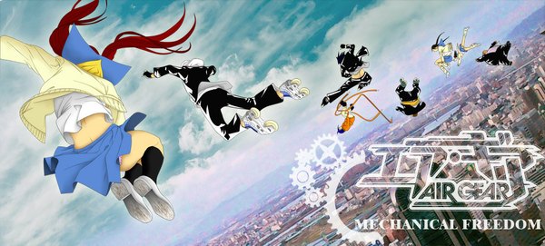 Anime picture 1000x453 with air gear toei animation minami itsuki noyamano ringo mikura kazuma agito issha mihotoke oogure ito long hair short hair light erotic black hair blonde hair wide image twintails sky cloud (clouds) red hair from behind city