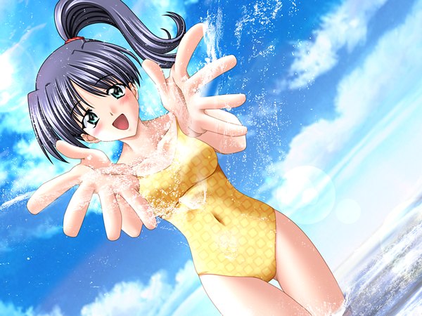 Anime picture 1200x900 with x-change (game) black hair green eyes game cg side ponytail girl swimsuit splashes