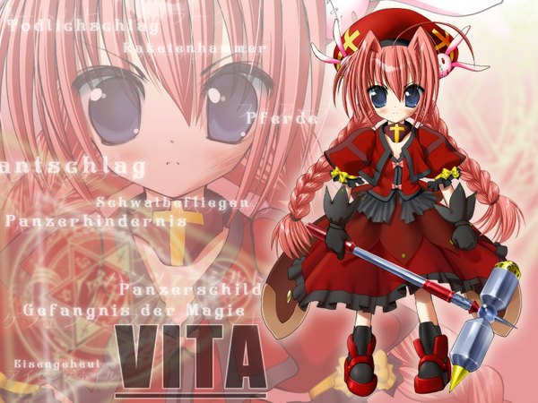 Anime picture 1600x1200 with mahou shoujo lyrical nanoha vita graf eisen single long hair looking at viewer fringe blue eyes hair between eyes standing full body ahoge red hair braid (braids) character names twin braids zoom layer girl skirt gloves