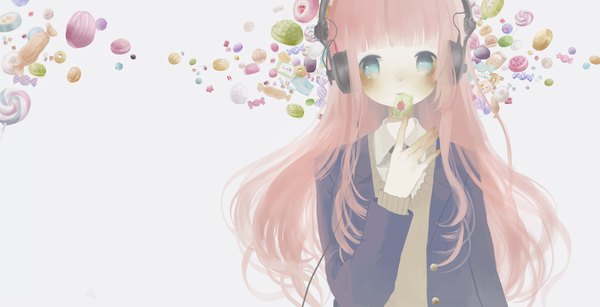 Anime picture 1692x866 with vocaloid megurine luka meisa single long hair blush blue eyes wide image pink hair girl food sweets headphones