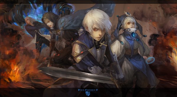 Anime picture 1372x759 with original pixiv fantasia pixiv fantasia v 10000 (pixiv) long hair short hair open mouth red eyes wide image white hair magic smoke boy hat sword armor hood fire
