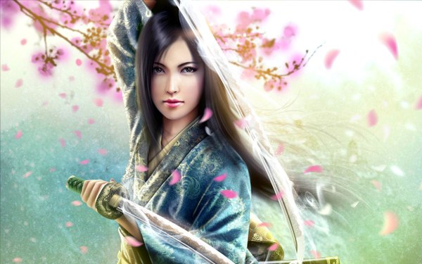 Anime picture 2560x1600 with legend of the five rings mirumoto kei mario wibisono (raynkazuya) single long hair highres black hair wide image holding brown eyes traditional clothes japanese clothes lips realistic wallpaper cherry blossoms dual wielding girl weapon plant (plants)