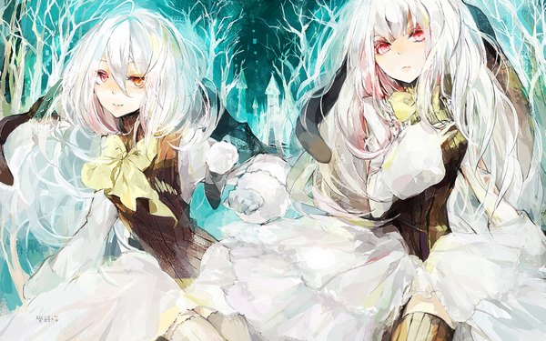 Anime picture 1891x1182 with original juexing (moemoe3345) long hair highres smile red eyes wide image multiple girls white hair bunny ears girl dress bow 2 girls plant (plants) tree (trees)
