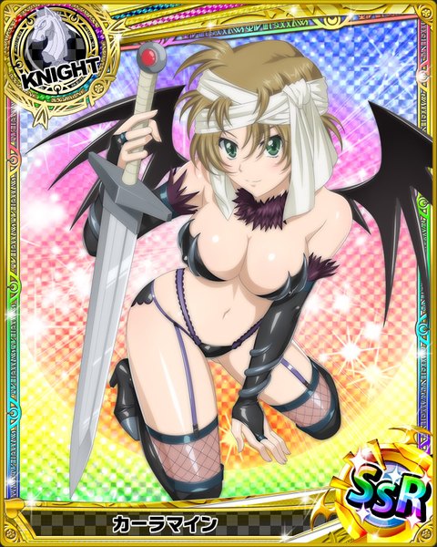 Anime picture 640x800 with highschool dxd single tall image looking at viewer short hair breasts blue eyes light erotic brown hair bare shoulders card (medium) girl thighhighs navel underwear panties weapon detached sleeves sword wings