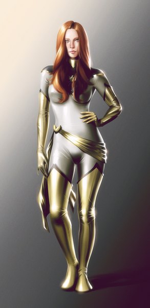 Anime picture 1015x2075 with x-men marvel comics jean grey white phoenix lenadrofranci single long hair tall image simple background orange hair realistic grey background hand on hip silver eyes freckles girl gloves elbow gloves thigh boots bodysuit
