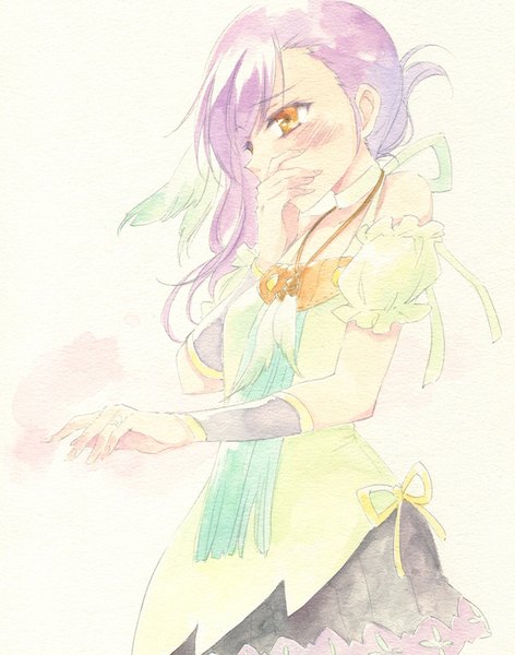 Anime picture 700x889 with rune factory odette (rune factory) agahari single long hair tall image blush simple background white background looking away purple hair profile orange eyes hand on face traditional media watercolor (medium) girl detached sleeves pendant feather (feathers)