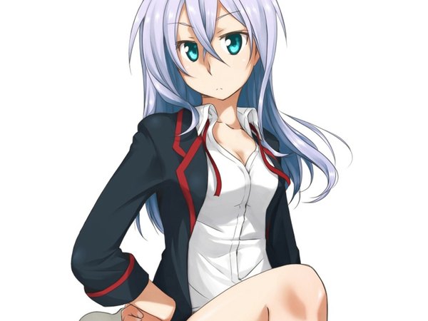 Anime picture 1024x768 with cardfight!! vanguard tokura misaki single long hair blue eyes simple background white background purple hair open clothes open jacket open collar girl shirt