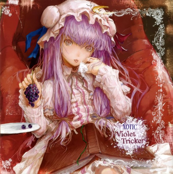 Anime picture 2553x2563 with touhou patchouli knowledge fuyuno haruaki highres purple hair girl dress hat food tongue book (books) chair fruit berry (berries) grapes