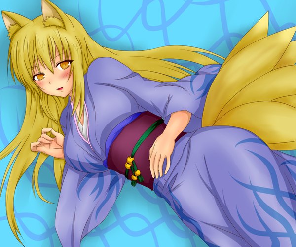 Anime picture 1800x1500 with touhou yakumo ran xingu gonghui (artist) single long hair blush highres blonde hair animal ears yellow eyes tail traditional clothes japanese clothes fox girl multiple tails girl kimono