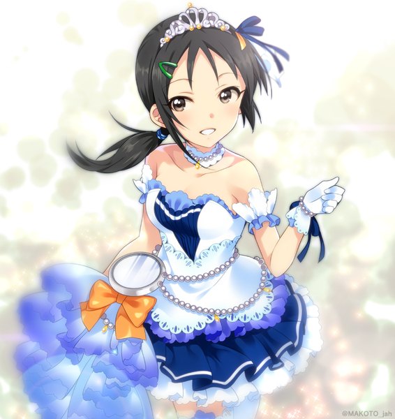 Anime picture 850x900 with idolmaster idolmaster cinderella girls idolmaster cinderella girls starlight stage trainer (idolmaster) rookie trainer mizuki makoto single long hair tall image looking at viewer black hair smile bare shoulders black eyes starry sky bright girl dress gloves hair ornament bow