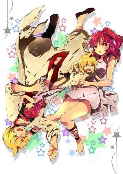 Anime picture 700x989 with magi the labyrinth of magic a-1 pictures morgiana ali baba saluja akishima kei long hair tall image short hair open mouth blonde hair yellow eyes pink hair ahoge traditional clothes one eye closed pink eyes barefoot from above wink hug
