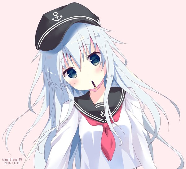 Anime picture 876x800 with kantai collection hibiki destroyer tsukiji single long hair looking at viewer blush fringe simple background hair between eyes holding signed blue hair upper body ahoge head tilt aqua eyes mouth hold dated pink background