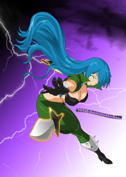 Anime picture 2276x3200 with league of legends katarina (league of legends) roa42-x single long hair tall image looking at viewer highres breasts light erotic large breasts yellow eyes blue hair lightning girl gloves weapon pants dagger