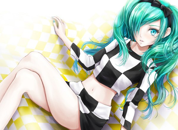 Anime picture 1000x734 with vocaloid hatsune miku nuwanko single long hair looking at viewer fringe blue eyes twintails hair over one eye aqua hair crossed legs checkered checkered skirt girl skirt navel bow hair bow