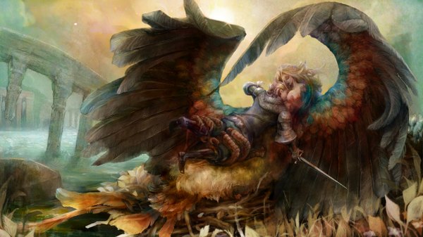 Anime picture 2560x1440 with dragon's crown vanillaware long hair highres short hair breasts blonde hair wide image large breasts holding sky cloud (clouds) eyes closed no bra spread arms flying face to face ruins monster girl girl