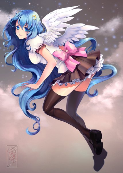 Anime picture 1024x1437 with archie-the-redcat single long hair tall image blue eyes blue hair looking back angel wings crescent angel girl thighhighs skirt hair ornament bow black thighhighs wings hairclip