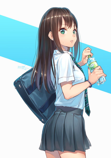 Anime picture 1157x1637 with idolmaster idolmaster cinderella girls shibuya rin wedo single long hair tall image blush brown hair green eyes signed pleated skirt sparkle dated girl skirt uniform school uniform miniskirt earrings