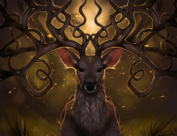 Anime picture 1280x989 with original rajewel (artist) looking at viewer horn (horns) light plant (plants) animal grass branch fireflies deer