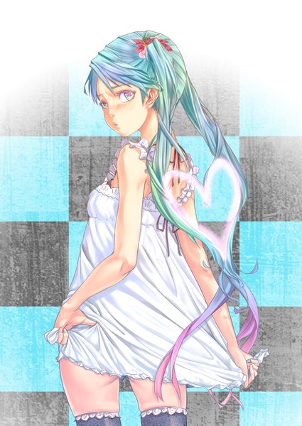 Anime picture 2507x3541 with vocaloid hatsune miku hamu no jin long hair tall image highres twintails looking back multicolored hair aqua eyes from behind aqua hair checkered background girl thighhighs heart sundress