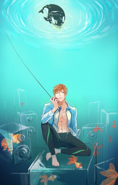 Anime picture 2000x3133 with free! kyoto animation tachibana makoto tall image highres short hair brown hair sitting green eyes barefoot open clothes open jacket underwater transparent boy jacket cape fish (fishes) microphone wire (wires)