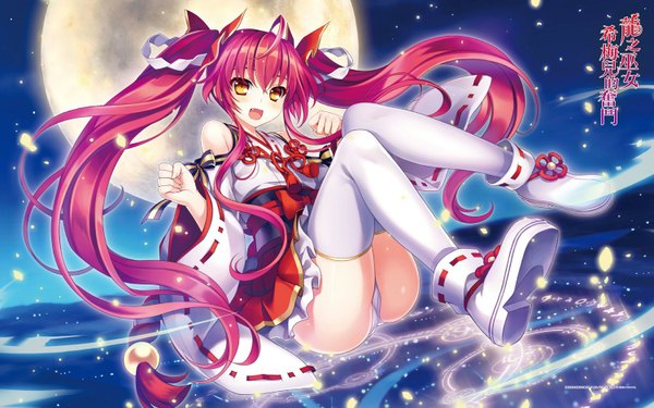 Anime picture 1500x938 with original riv single looking at viewer blush open mouth light erotic smile twintails yellow eyes pink hair very long hair traditional clothes pantyshot magic weightlessness girl thighhighs underwear panties