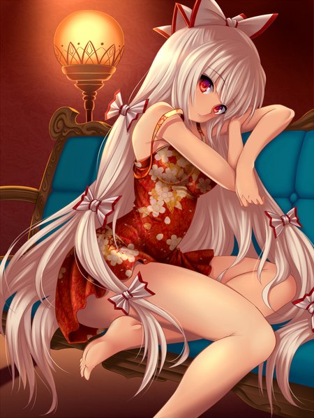 Anime picture 750x1000 with touhou fujiwara no mokou hijikawa arashi single tall image looking at viewer blush fringe light erotic red eyes sitting bare shoulders white hair blunt bangs very long hair traditional clothes parted lips barefoot off shoulder bare legs
