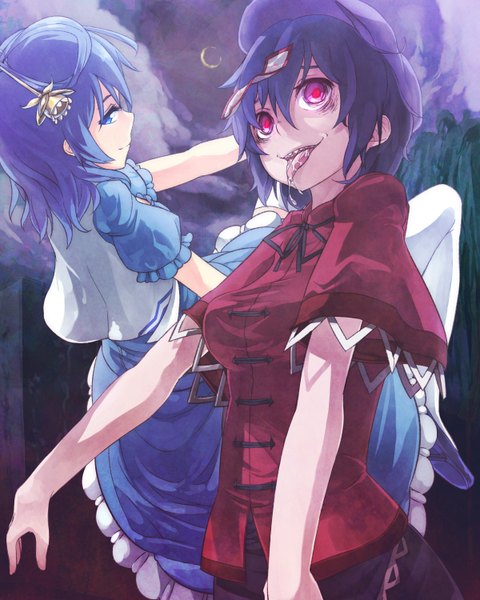 Anime picture 1200x1500 with touhou kaku seiga miyako yoshika ibuki notsu tall image looking at viewer short hair open mouth blue eyes smile red eyes multiple girls blue hair profile saliva zombie girl thighhighs dress hair ornament