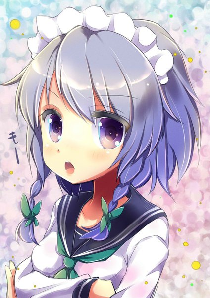 Anime picture 1018x1440 with touhou izayoi sakuya uta (kuroneko) single tall image looking at viewer blush short hair open mouth purple eyes purple hair braid (braids) alternate costume twin braids girl uniform serafuku headdress maid headdress