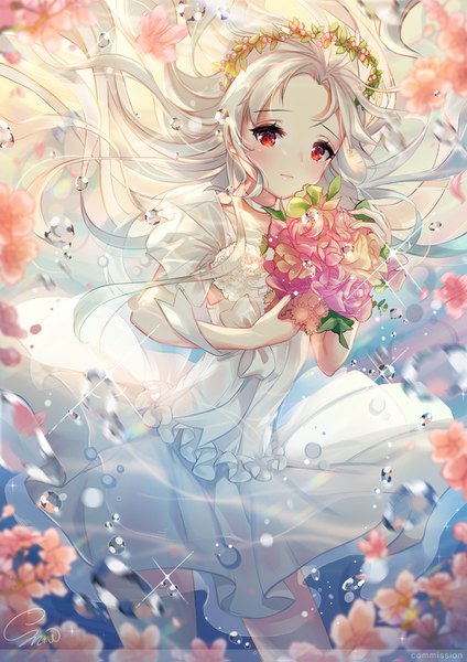 Anime picture 1000x1415 with original snow is single long hair tall image looking at viewer blush red eyes holding signed silver hair blurry sparkle floating hair underwater girl dress flower (flowers) white dress rose (roses)