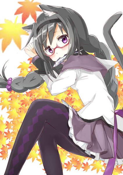 Anime picture 724x1024 with mahou shoujo madoka magica shaft (studio) akemi homura tsubaki (tatajd) single long hair tall image looking at viewer blush fringe black hair purple eyes holding animal ears tail braid (braids) animal tail pleated skirt pointy ears cat ears