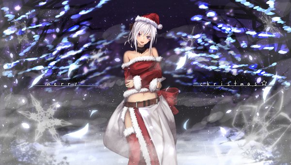 Anime picture 1735x984 with final fantasy final fantasy xv square enix aranea highwind ashiiru single looking at viewer fringe highres short hair open mouth light erotic hair between eyes wide image standing purple eyes bare shoulders silver hair long sleeves fur trim