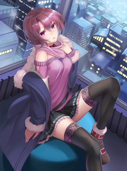 Anime picture 747x1000 with original mizuya nao single tall image looking at viewer fringe short hair hair between eyes sitting purple eyes bare shoulders purple hair outdoors parted lips from above off shoulder open jacket girl thighhighs skirt