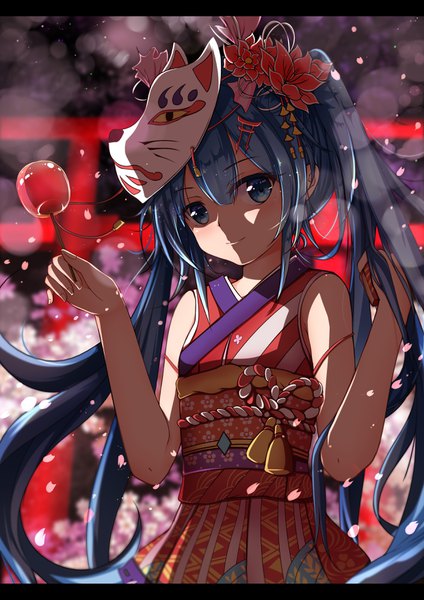 Anime picture 2480x3507 with vocaloid hatsune miku qingye ling single long hair tall image looking at viewer fringe highres blue eyes smile hair between eyes twintails bare shoulders blue hair upper body traditional clothes japanese clothes hair flower blurry