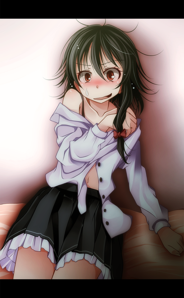 Anime picture 1000x1618 with touhou usami renko s-syogo single long hair tall image blush open mouth light erotic black hair red eyes open clothes open shirt girl skirt navel miniskirt