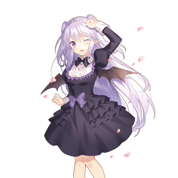 Anime picture 1024x1024 with uchi no hime-sama ga ichiban kawaii miss barbara single long hair looking at viewer fringe hair between eyes purple eyes purple hair long sleeves one eye closed pointy ears official art two side up puffy sleeves transparent background hand on head girl dress bow