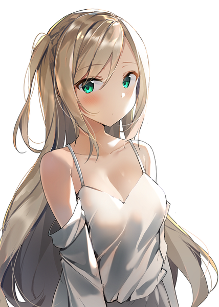 Anime picture 611x856 with original sabet (young ouo) single long hair tall image looking at viewer blush fringe breasts simple background blonde hair hair between eyes standing white background bare shoulders cleavage upper body aqua eyes off shoulder one side up
