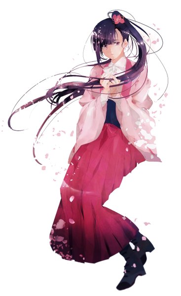 Anime picture 1865x3047 with koutetsujou no kabaneri wit studio yomogawa ayame papem ioa single long hair tall image fringe highres black hair simple background white background looking away full body ponytail traditional clothes japanese clothes pink eyes hair flower girl