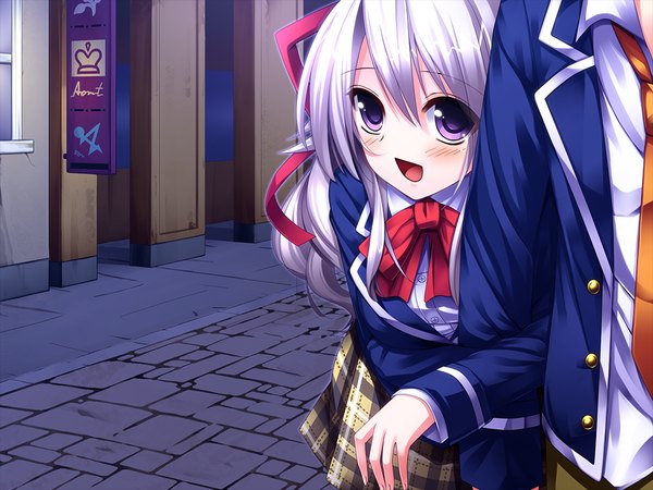 Anime picture 1024x768 with shukusai no utahime tagme (character) long hair looking at viewer blush fringe open mouth smile hair between eyes standing purple eyes payot game cg silver hair outdoors :d pleated skirt leaning leaning forward plaid skirt