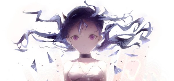 Anime picture 1606x754 with original sa'yuki single long hair looking at viewer black hair simple background wide image white background purple eyes bare shoulders wind girl choker