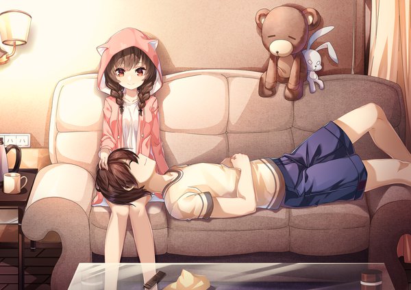 Anime picture 2000x1414 with original de da xianyu long hair blush fringe highres short hair smile brown hair sitting brown eyes bent knee (knees) indoors lying braid (braids) eyes closed profile light smile open clothes short sleeves