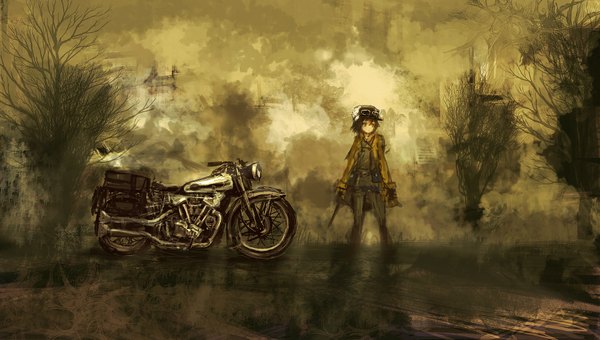 Anime picture 1920x1089 with kino no tabi kino (kino no tabi) lm7 (op-center) single highres short hair wide image bare tree girl boy weapon plant (plants) tree (trees) gun coat ground vehicle motorcycle