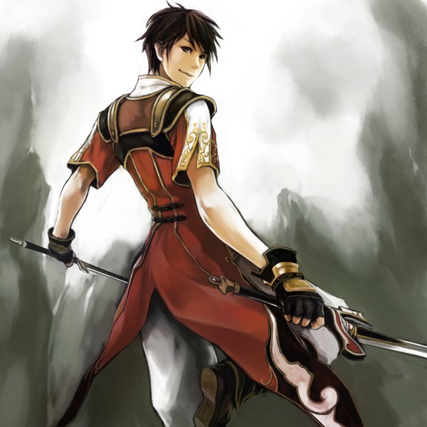 Anime picture 1000x1000 with warriors orochi (game) lu xun hico watch single looking at viewer short hair smile brown hair standing holding brown eyes bent knee (knees) traditional clothes looking back from behind short sleeves back standing on one leg chinese clothes dual wielding