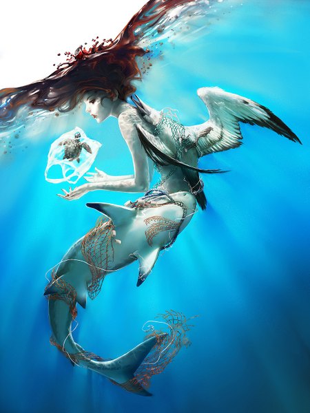 Anime picture 1000x1333 with original yuumei single long hair tall image red eyes red hair profile pale skin underwater girl animal water bird (birds) rope seagull shark turtle garbage net