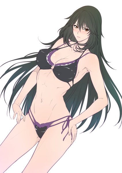 Anime picture 1000x1414 with infinite stratos 8bit orimura chifuyu zucchini single long hair tall image looking at viewer blush fringe breasts light erotic brown hair large breasts standing white background bare shoulders brown eyes wind bare belly