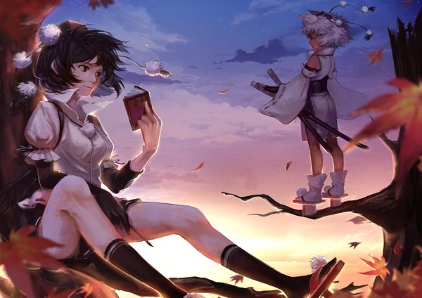 Anime picture 3000x2121 with touhou shameimaru aya inubashiri momiji sola7764 highres short hair black hair red eyes standing multiple girls animal ears looking away sky white hair tail eyes closed traditional clothes japanese clothes animal tail evening
