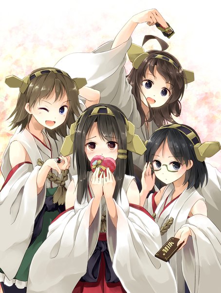 Anime picture 800x1056 with kantai collection kongou battleship haruna battleship kirishima battleship hiei battleship niichi (komorebi-palette) long hair tall image blush fringe short hair open mouth blue eyes black hair simple background smile brown hair purple eyes bare shoulders multiple girls