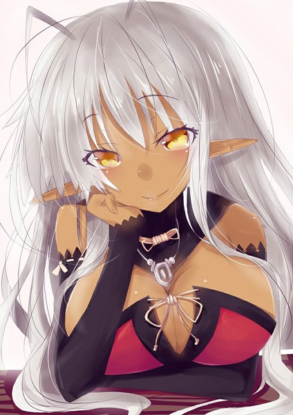 Anime picture 620x877 with full metal daemon muramasa nitroplus sandaime muramasa hizaka single long hair tall image looking at viewer blush fringe breasts light erotic simple background smile large breasts bare shoulders yellow eyes ahoge long sleeves pointy ears