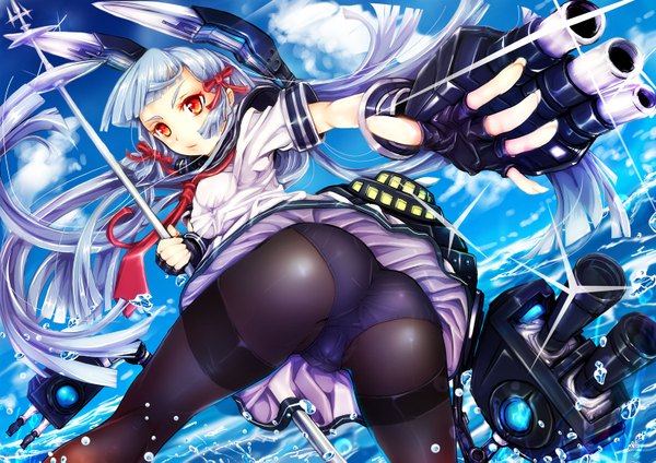 Anime picture 1500x1061 with kantai collection murakumo destroyer teruru long hair light erotic red eyes sky silver hair cloud (clouds) ass tress ribbon girl skirt underwear panties bow ribbon (ribbons) weapon hair bow hair ribbon