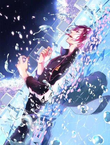 Anime picture 761x1000 with free! kyoto animation matsuoka rin saito yukihiro single tall image short hair open mouth red hair profile fingernails night open clothes open jacket cherry blossoms boy uniform plant (plants) petals tree (trees)