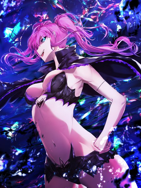 Anime picture 900x1200 with original a-line single long hair tall image looking at viewer breasts open mouth blue eyes light erotic smile standing twintails bare shoulders purple hair profile wind bare belly hand on hip glowing